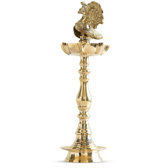 Brass Standing Pillar Lamp – Peacock Design, 12 Inch