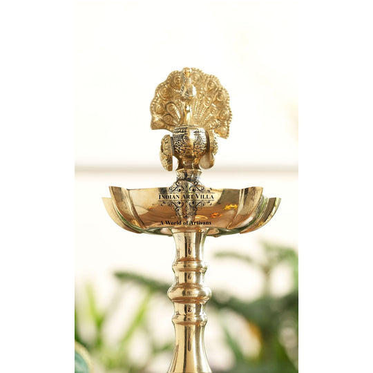 Brass Standing Pillar Lamp – Peacock Design, 12 Inch
