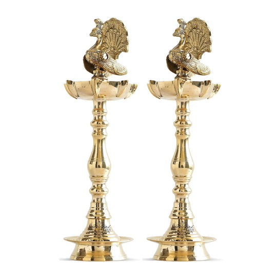 Brass Standing Pillar Lamp – Peacock Design, 12 Inch