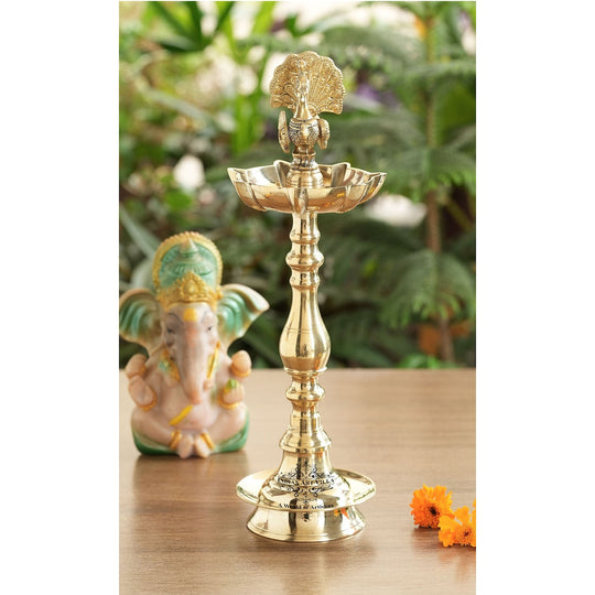 Brass Standing Pillar Lamp – Peacock Design, 12 Inch