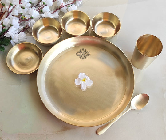Brass Matt 7-Piece Dinner Set – Plate, 3 Bowls, Rice Plate, Glass & Spoon