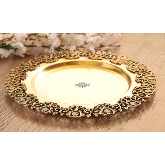 Brass Matt Finish Decorative Round Designer Tray, 14.7 Inch | Indian Art Villa