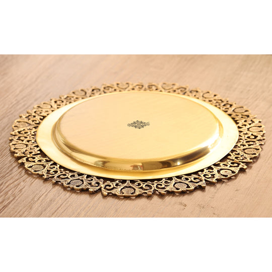 Brass Matt Finish Decorative Round Designer Tray, 14.7 Inch | Indian Art Villa