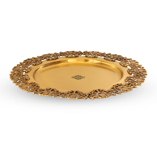 Brass Matt Finish Decorative Round Designer Tray, 14.7 Inch | Indian Art Villa