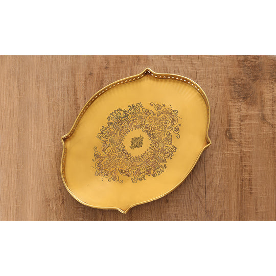 Brass Matt Oval Embossed Designer Tray with 4 Standing Legs, 16.4 x 12.1 Inch