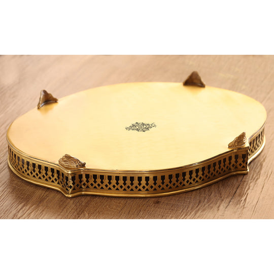 Brass Matt Oval Embossed Designer Tray with 4 Standing Legs, 16.4 x 12.1 Inch