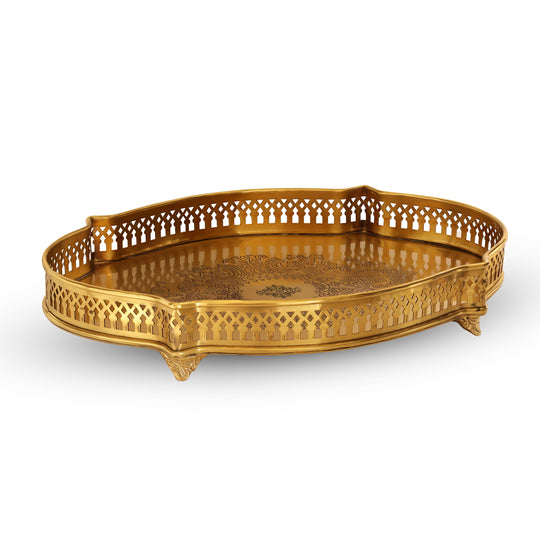 Brass Matt Oval Embossed Designer Tray with 4 Standing Legs, 16.4 x 12.1 Inch