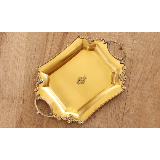 Brass Matt Designer Tray with Handle | Indian Art Villa