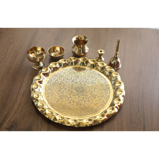 Indian Art Villa Brass Handmade Embossed Pooja Thali Set with perfect Space & Raised Borders , Spiritual Item, 10.1"