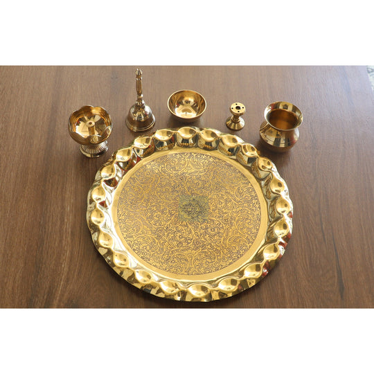 Indian Art Villa Brass Handmade Embossed Pooja Thali Set with perfect Space & Raised Borders , Spiritual Item, 10.1"