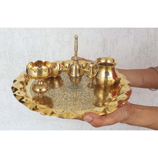Indian Art Villa Brass Handmade Embossed Pooja Thali Set with perfect Space & Raised Borders , Spiritual Item, 10.1"