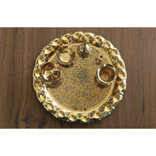 Indian Art Villa Brass Handmade Embossed Pooja Thali Set with perfect Space & Raised Borders , Spiritual Item, 10.1"