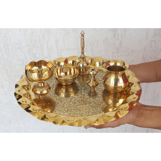 Indian Art Villa Brass Handmade Embossed Pooja Thali Set with perfect Space & Raised Borders , Spiritual Item, 10.1"