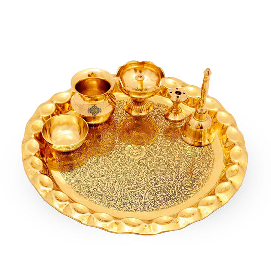 Indian Art Villa Brass Handmade Embossed Pooja Thali Set with perfect Space & Raised Borders , Spiritual Item, 10.1"