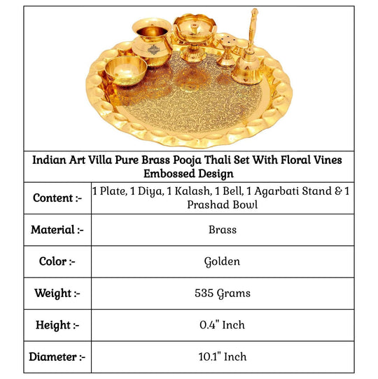 Indian Art Villa Brass Handmade Embossed Pooja Thali Set with perfect Space & Raised Borders , Spiritual Item, 10.1"