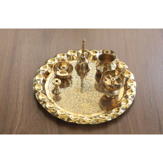 Indian Art Villa Brass Handmade Embossed Pooja Thali Set with perfect Space & Raised Borders , Spiritual Item, 10.1"