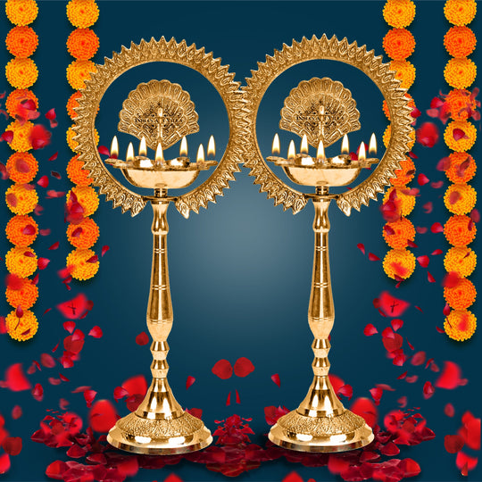 Brass Stand Pillar Lamp – Peacock Design, Triple-Light, 14/16-Inch Height