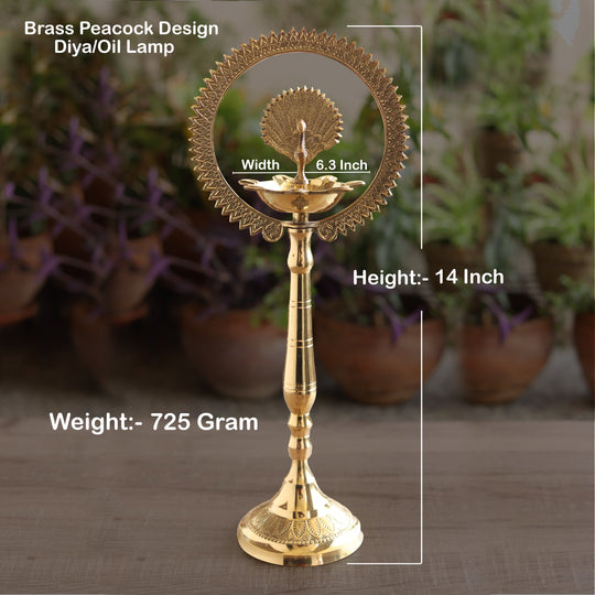 Brass Stand Pillar Lamp – Peacock Design, Triple-Light, 14/16-Inch Height