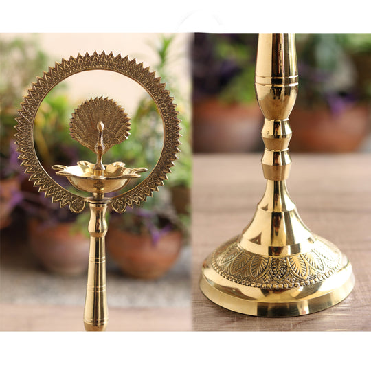 Brass Stand Pillar Lamp – Peacock Design, Triple-Light, 14/16-Inch Height
