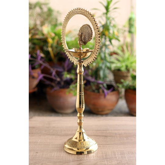 Brass Stand Pillar Lamp – Peacock Design, Triple-Light, 14/16-Inch Height