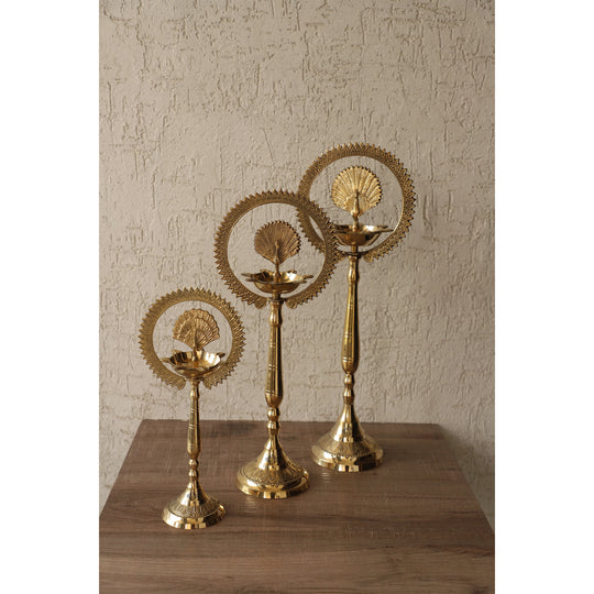 Brass Stand Pillar Lamp – Peacock Design, Triple-Light, 14/16-Inch Height