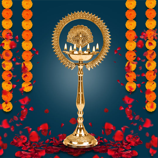 Brass Stand Pillar Lamp – Peacock Design, Triple-Light, 14/16-Inch Height