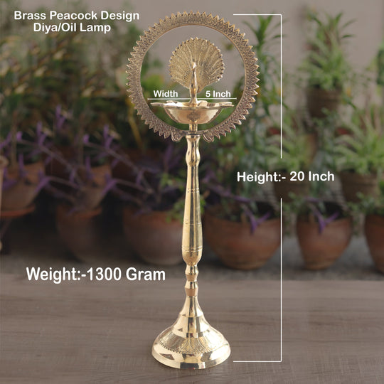 Brass Stand Pillar Lamp – Peacock Design, Triple-Light, 14/16-Inch Height