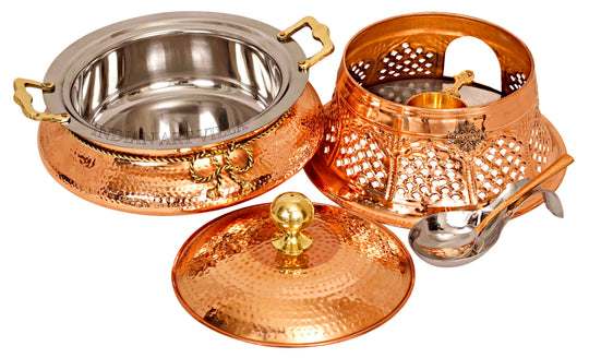 Indian Art Villa Pure Steel Copper Chafing Dish with Stand and Spoon