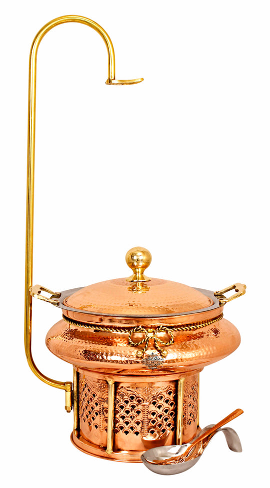 Indian Art Villa Pure Steel Copper Hammered design Chaffing Dish with Sigdi Stand
