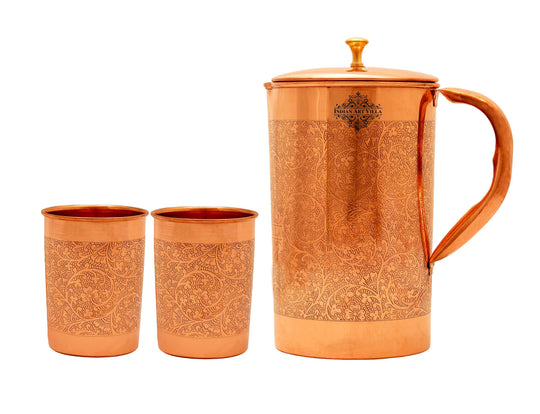 Indianartvilla Handmade Pure Copper Jug with Glass Set, Embossed Design Combo Set