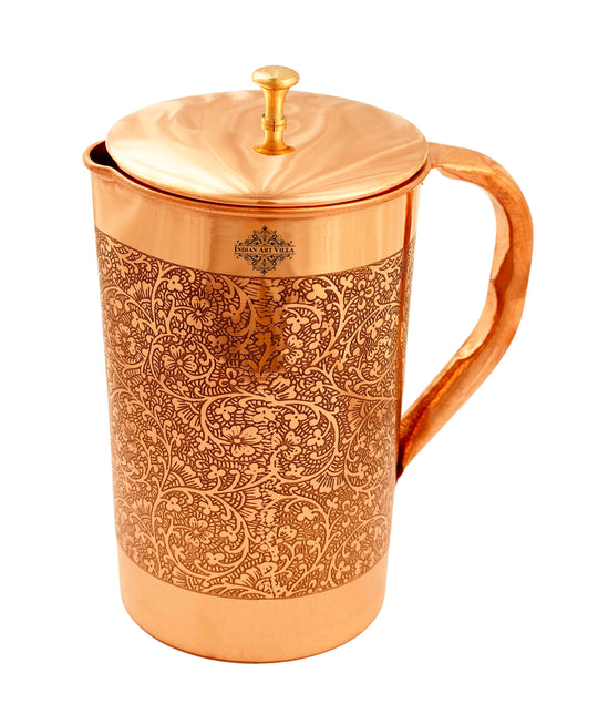 Indianartvilla Handmade Pure Copper Jug with Glass Set, Embossed Design Combo Set