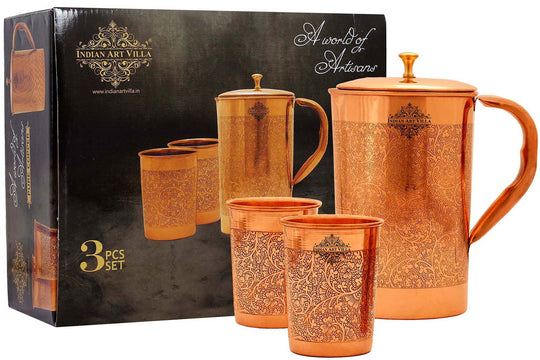 Indianartvilla Handmade Pure Copper Jug with Glass Set, Embossed Design Combo Set