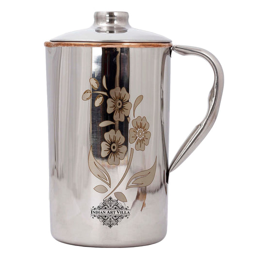 Indian Art Villa Steel Copper Drinkware Gift Set of Lasered Floral Design Jug & Glass With Black Gift Box, Gift item for Diwali, Bithday & Parties