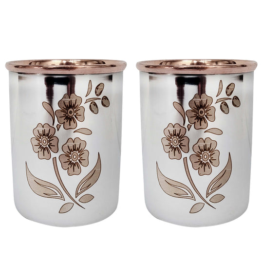 Indian Art Villa Steel Copper Drinkware Gift Set of Lasered Floral Design Jug & Glass With Black Gift Box, Gift item for Diwali, Bithday & Parties
