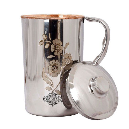 Indian Art Villa Steel Copper Drinkware Gift Set of Lasered Floral Design Jug & Glass With Black Gift Box, Gift item for Diwali, Bithday & Parties