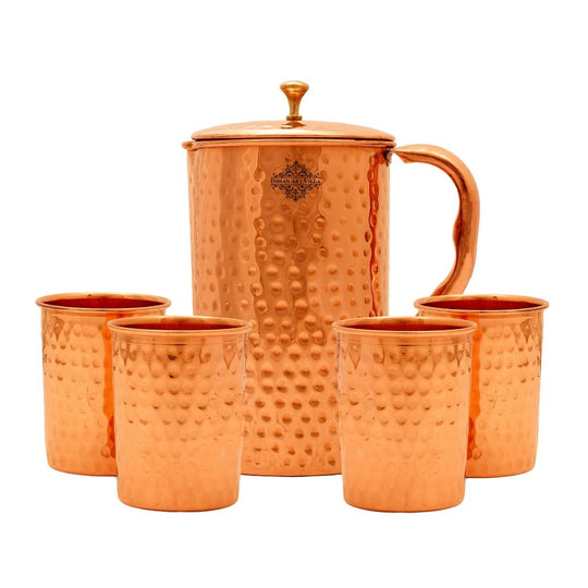 Indian Art Villa Handmade Pure Copper Jug with Glass sets, Hammered Design Drinkware Gift Sets
