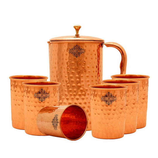 Indian Art Villa Handmade Pure Copper Jug with Glass sets, Hammered Design Drinkware Gift Sets