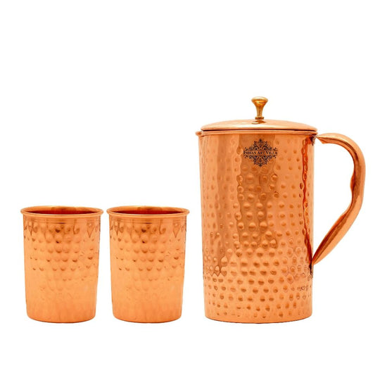 Indian Art Villa Handmade Pure Copper Jug with Glass sets, Hammered Design Drinkware Gift Sets