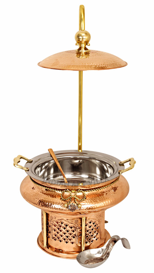 Indian Art Villa Pure Steel Copper Hammered design Chaffing Dish with Sigdi Stand