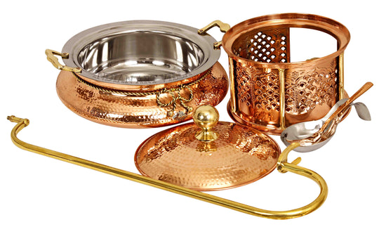 Indian Art Villa Pure Steel Copper Hammered design Chaffing Dish with Sigdi Stand