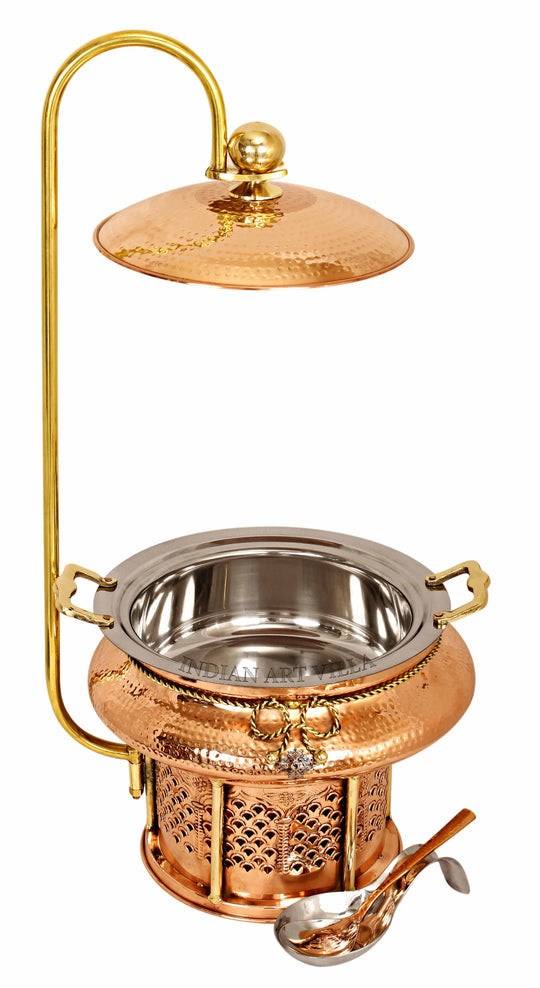 Indian Art Villa Pure Steel Copper Hammered design Chaffing Dish with Sigdi Stand